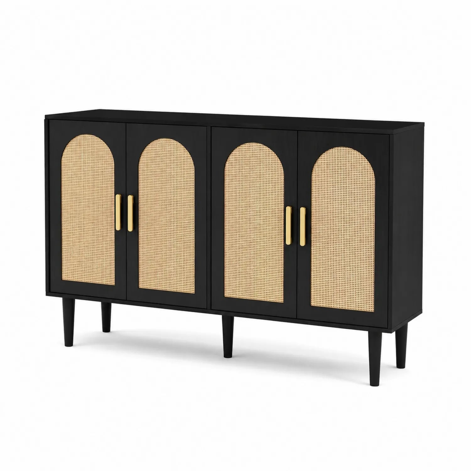 Buffet en bois noir et rotin 4 portes