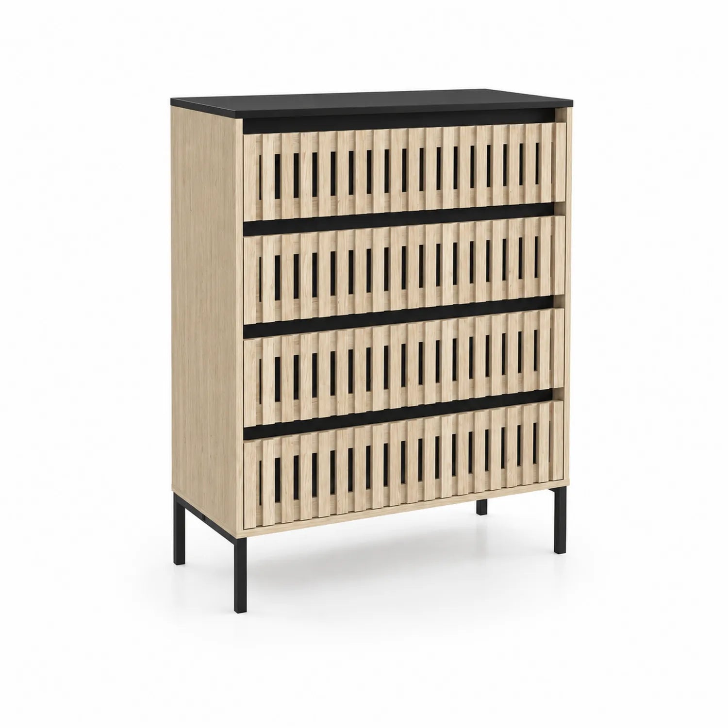 Commode en chêne et métal noir avec 5 tiroirs