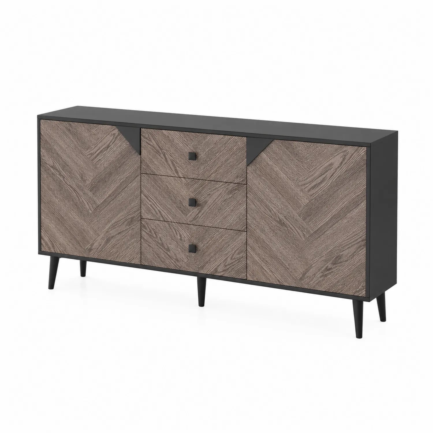 Buffet en bois plaqué chêne avec 2 portes et 3 tiroirs